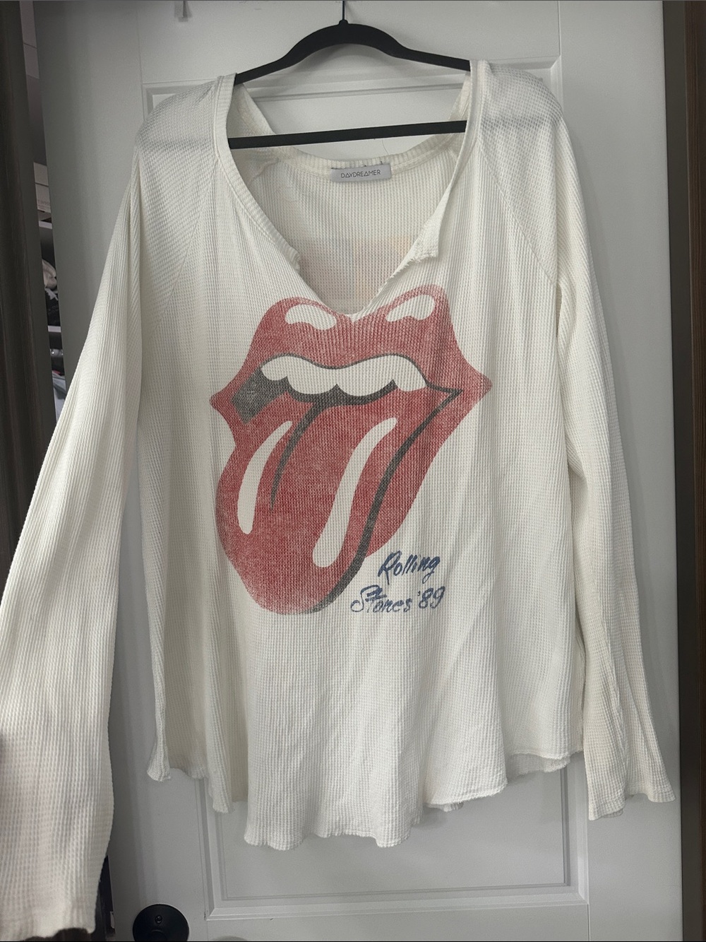 Daydreamer White Long Sleeve Waffle Tee with Rolling Stone, graphic